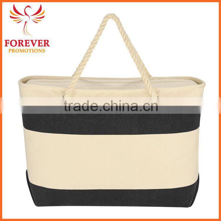Custom Logo Print Top Zippered Closure Canvas Tote Bag With Rope Handles
