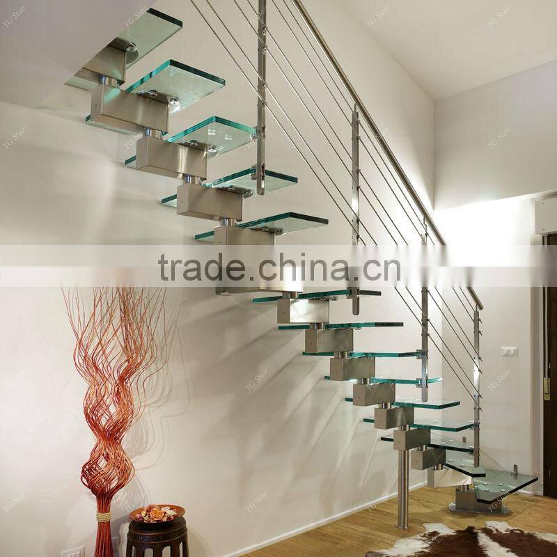 Indoor wood step straight staircase with glass railing
