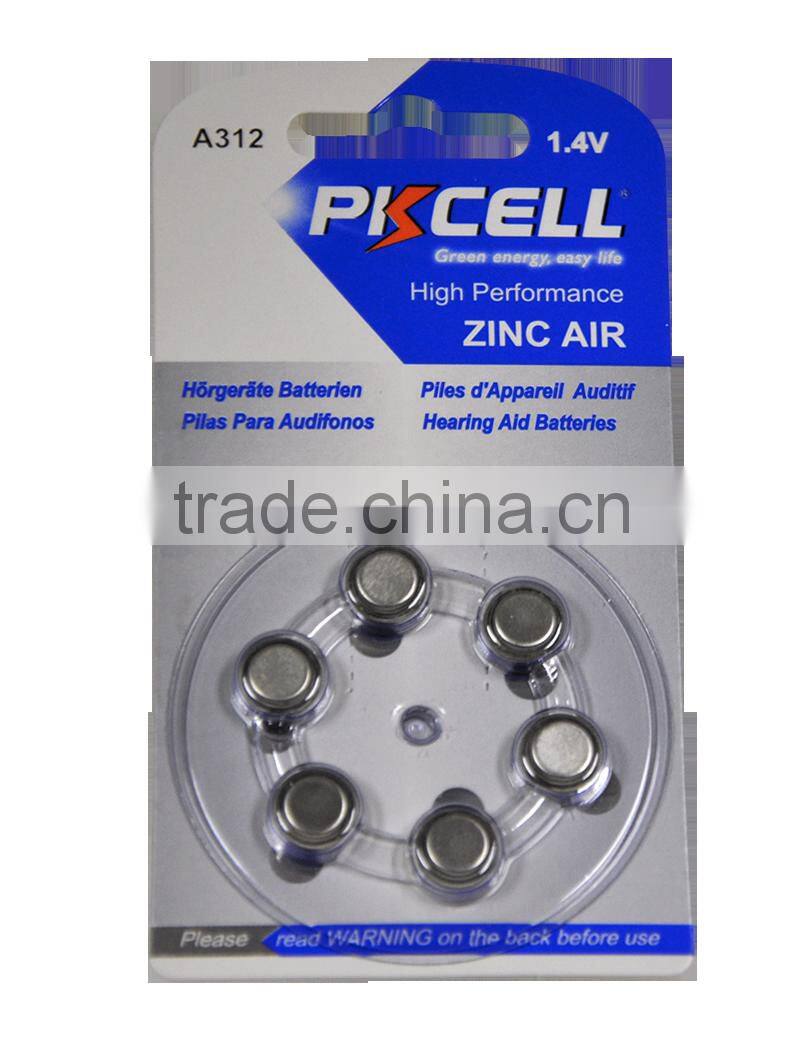 2016 1.4V hearing aid battery A312 zinc air button cell PR41