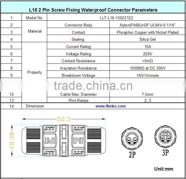 15 amp 2 pole screw terminal straight connector waterproof connector
