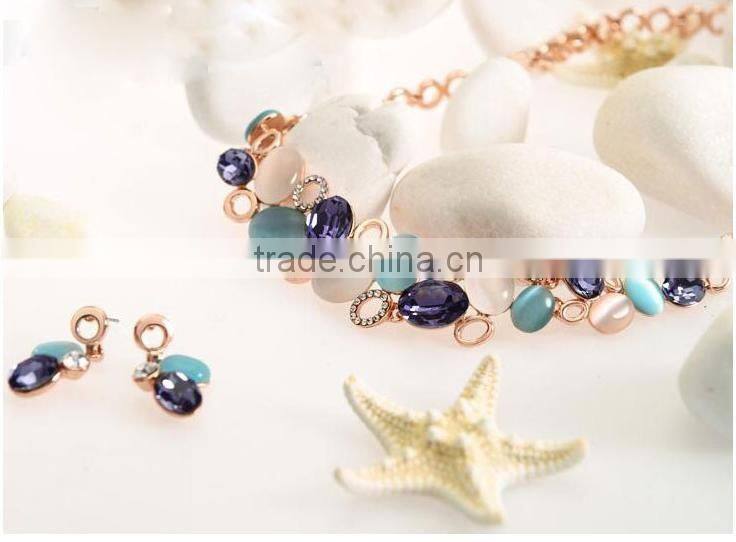 High Quality Crystal Jewelry Sets Opal Colorful Stone Hollow Circle Gold Plated Statement Chain Necklaces And Earring Sets
