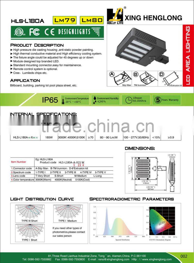 2015 New designed 5 year warranty ETL DLC high pole 80W-180W led shoebox light Cree XTE 150 Degrees