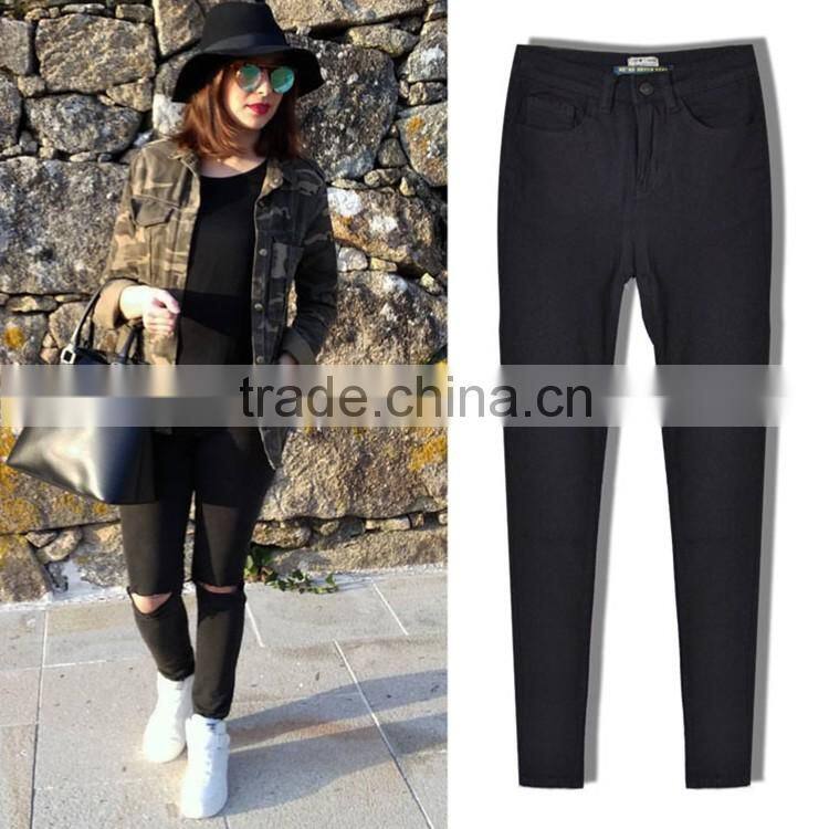 Alibaba China 2016 Summer Fashion Women Black High Waist Leggings Ladies Knee Holes Pencil Skinny Ripped Jeans Wholesale Price
