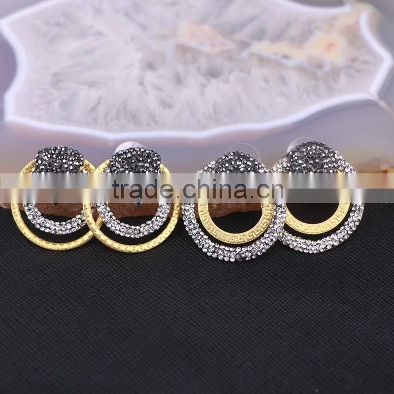 Metal Alloy Plated Gold Earrings, Circle shape Pave Crystal Jewelry Stud Earrings