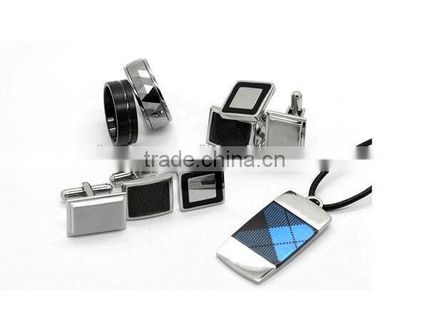 Mens newest black and white carbon fiber jewelry set