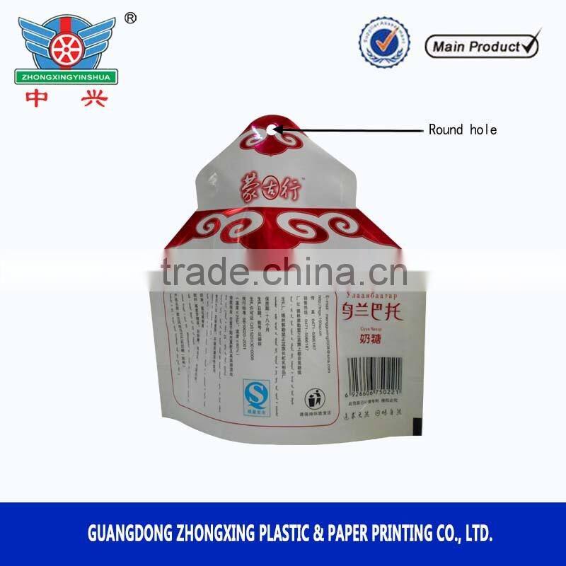 120g Laminated print shaped design with clear window for toffee packaging bag
