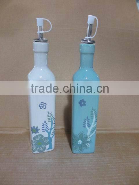 ceramic cream brown glaze flower design oil olive and vinegar bottle set