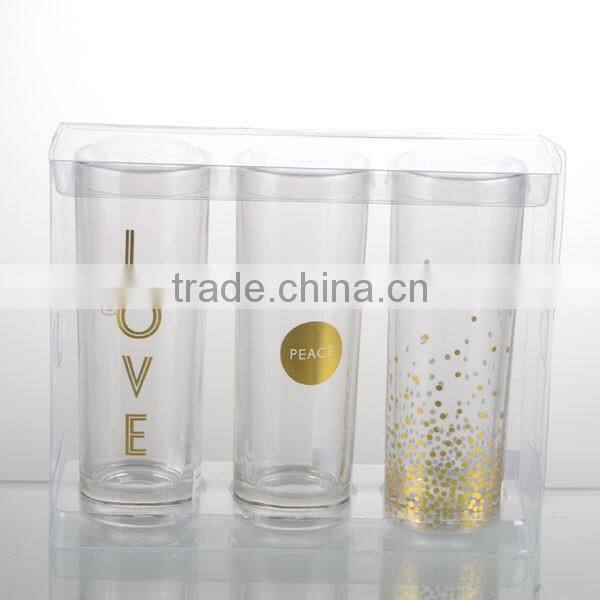 2016 newest machine made water glass clear golden decal with PVC