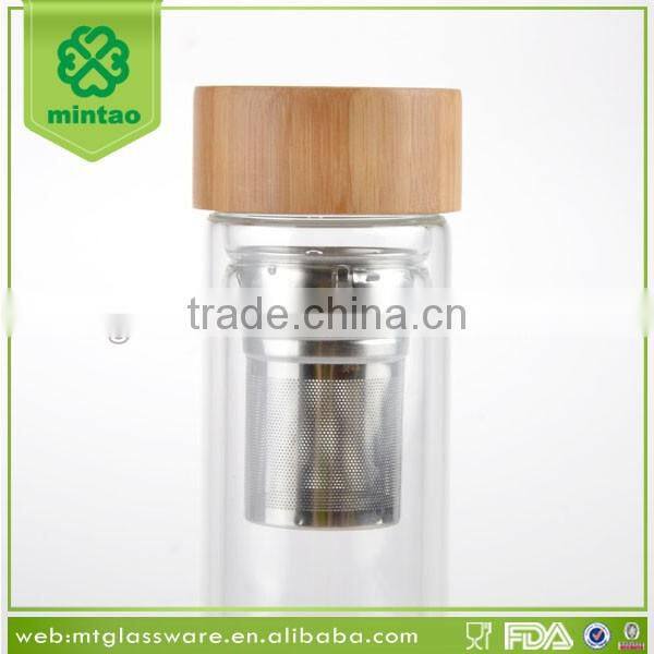 promotion 400ml custom braned double wall glass drink tea water bottles with bamboo lid