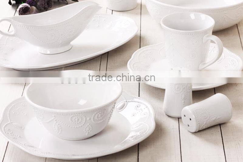 antique shape embossed ceramic stoneware white plate