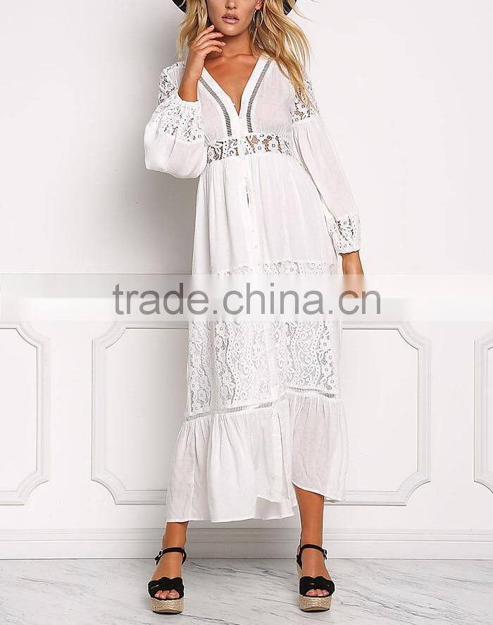 Off White Lace Trim Button Down Maxi Dress Long Frock Design HSd5221