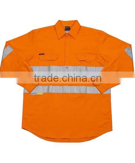 Hi Vis reflectivet close front cotton long sleeve shirt orange cotton safety workwear shirt UPF50+