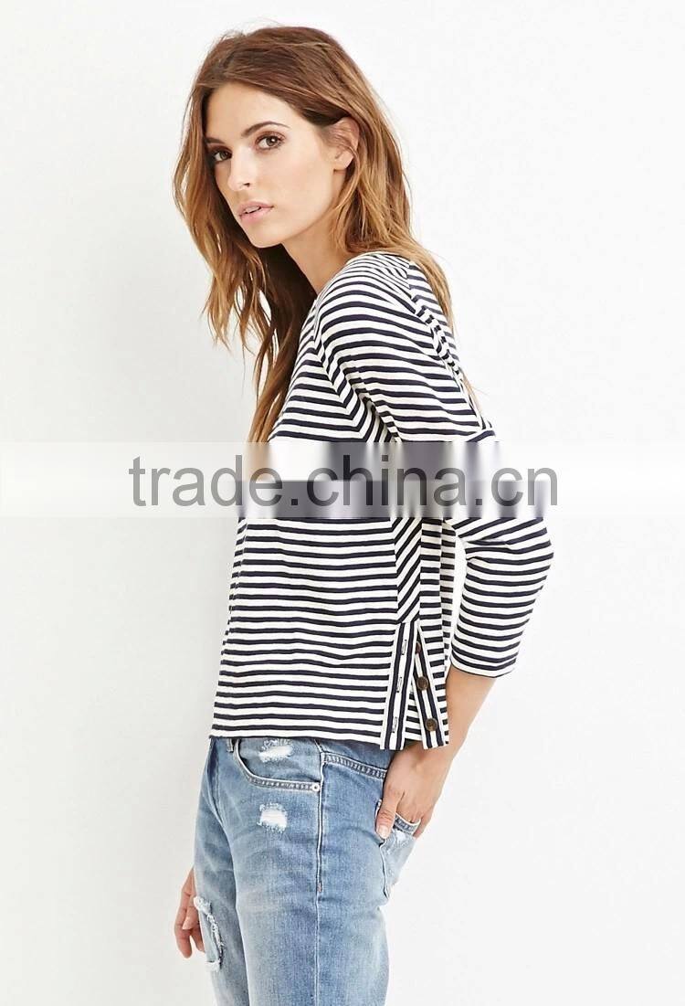 Womens loose long sleeve black white striped t shirts