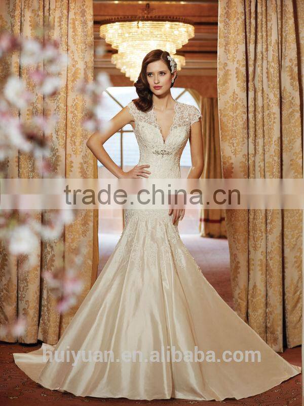 champagne color satin lace cap sleeve mermaid deep backless wedding dress