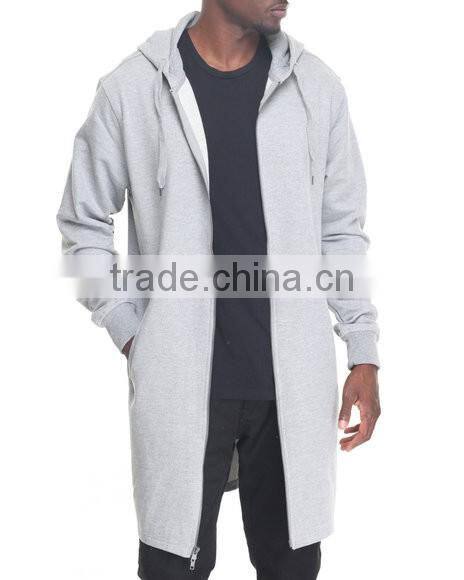 pouch pockets Full front zip up closure Elongated design men's coat with adjustable hooded drawstring Zipper long coat