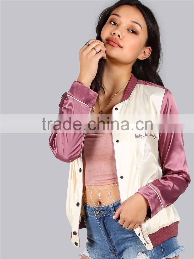 Custom Logo Women Button Coat Satin Letter Print Bomber Jacket Mauve Ribbing Trim Baseball Outwear