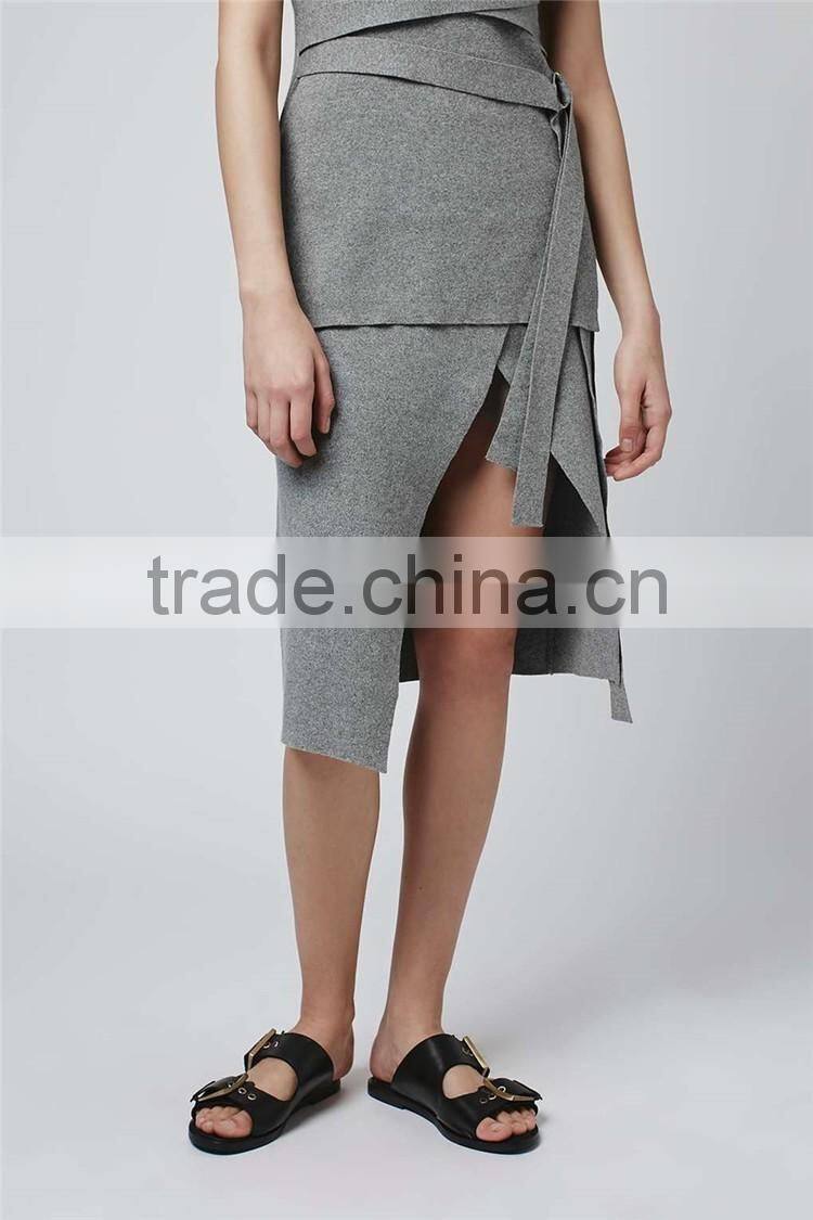 High Quality D-Ring Wrap Skirt Winter Grey Long Skirts Women Slit Office Wear Skirts