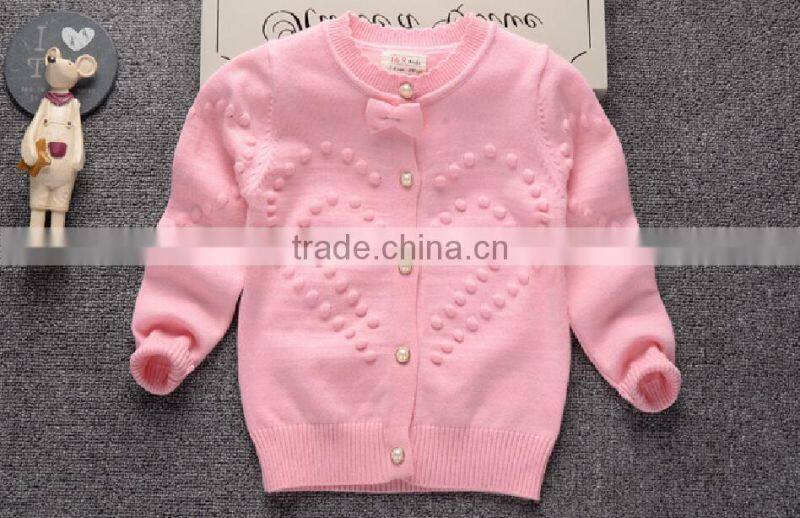 latest custom child girls balls pink pearl buttons cardigan sweater