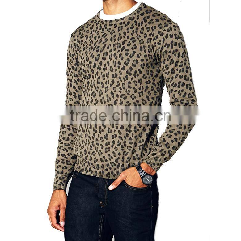 fashionable crew neck leopard pattern cotton long sleeve men pullover sweater