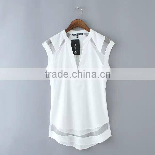2016 hotsale Sexy Chiffon Lace Patchwork Blouse design Sleeveless Top Clothings for women