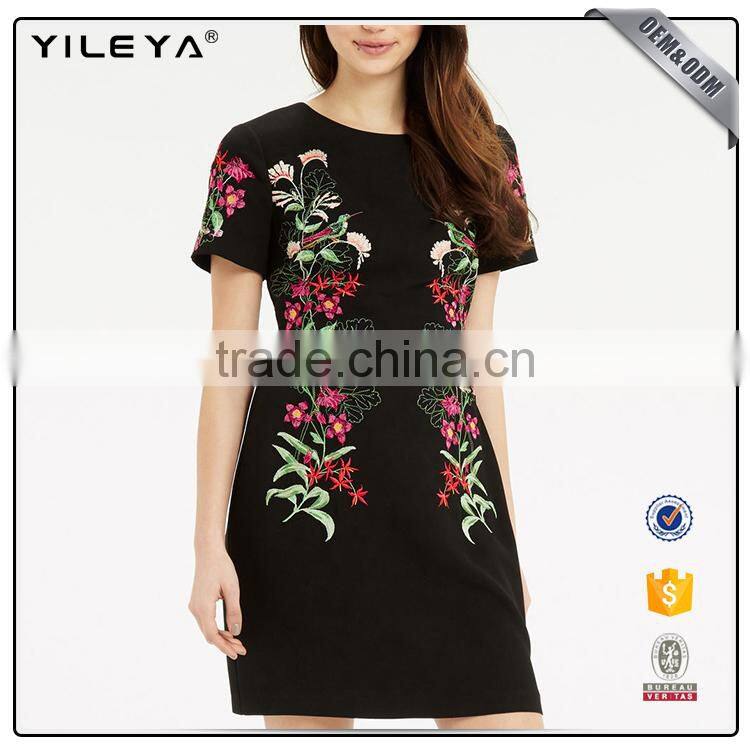 Short sleeve summer women black embroidery dress design