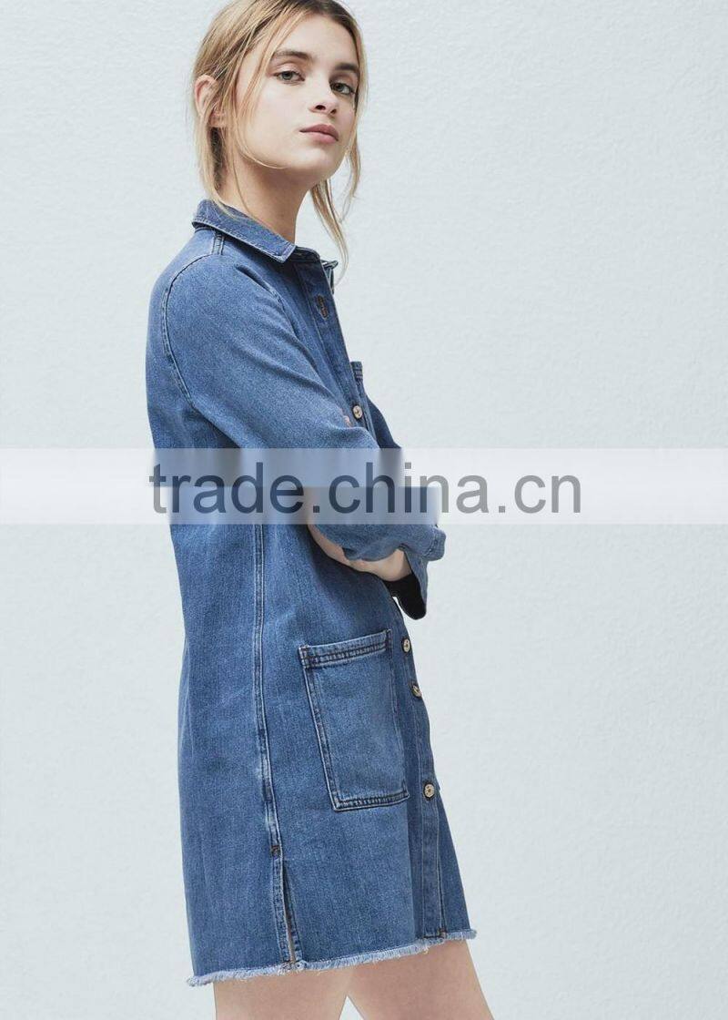 Girls button-up raw hem casual loose long sleeve denim jeans dress