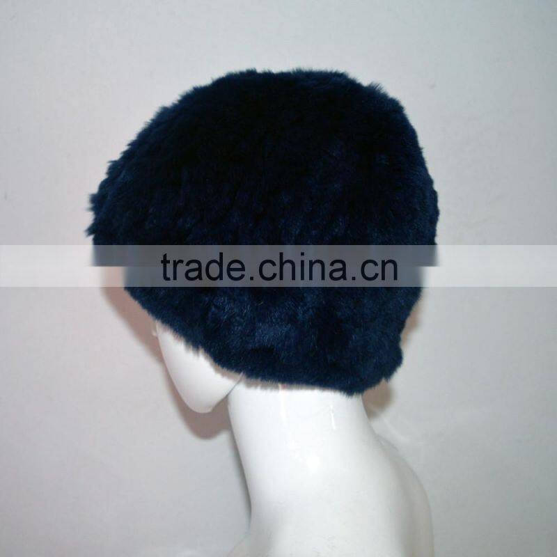 SJ607-02 Dark Blue High Quality Elastic Rex Rabbit Knitting Winter Hats with Fur