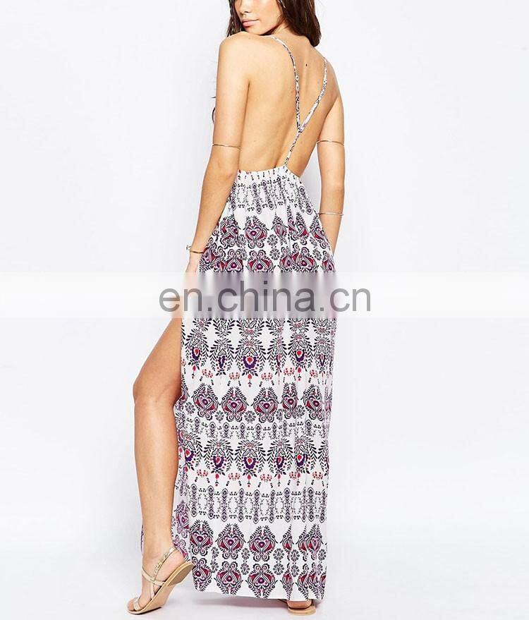 OEM Service China Factory Maxi Long Floral Plunge Spaghetti Strip Cross Back Side Split Beach Trendy Dress 2017
