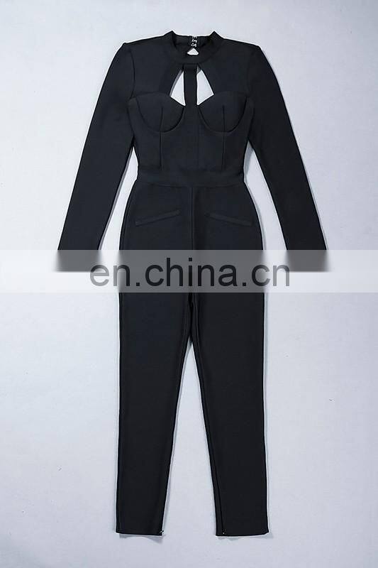 Amigo 2017 new design sexy women evening wear black long sleeve high neck backless cut out bodycon bandage jumpsuit for girls