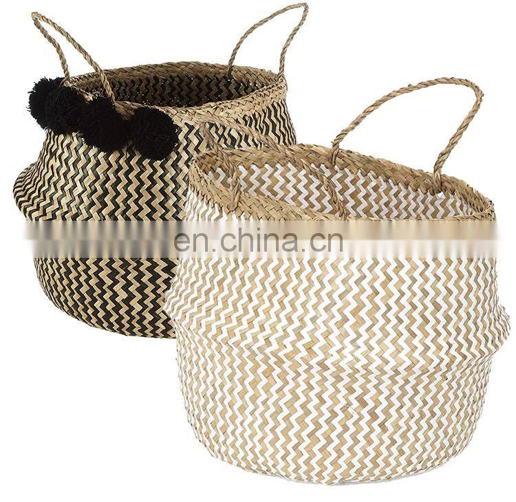 HBK toy kid braided foldable belly seagrass basket for decorate and storage
