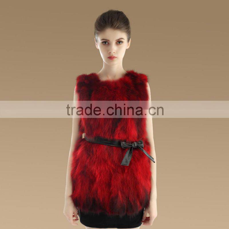 Long style 2015 Winter Elegant red color Lady Real Raccoon Fur Vest with Belt