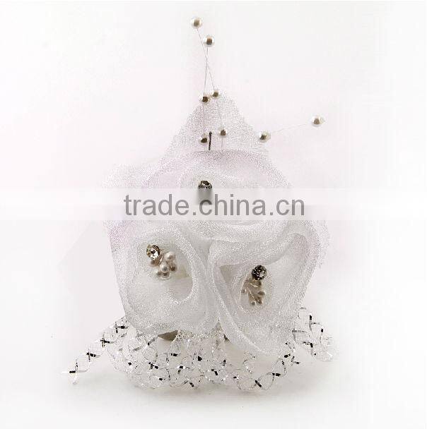 2013 New design wholesale DIY three small roses beaded pectoral flower fabric flowers H-104