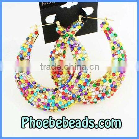 Wholesale Blue Heart Shape Bamboo Hoop Rhinestone Earrings ABE007-2