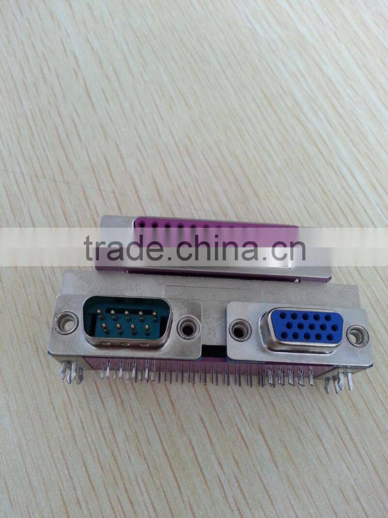 Dual port D-SUB 25p female to 9p male to 15p female right angle connector