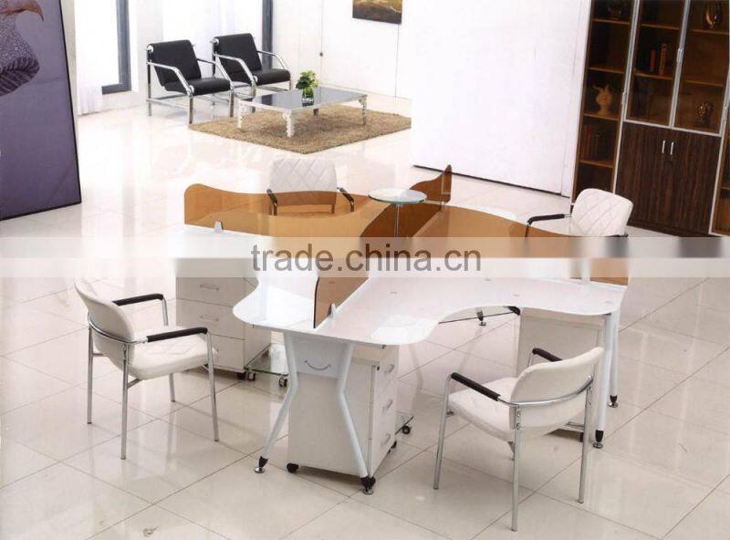PT-C0407 office workstation for 4 people with 12mm tempered glass partition glass top with 3-drawer cabinet