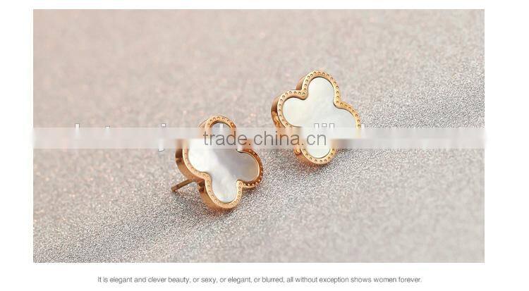 KSTONE rose gold stainless steel shell inlaid four leaf clover stud earrings