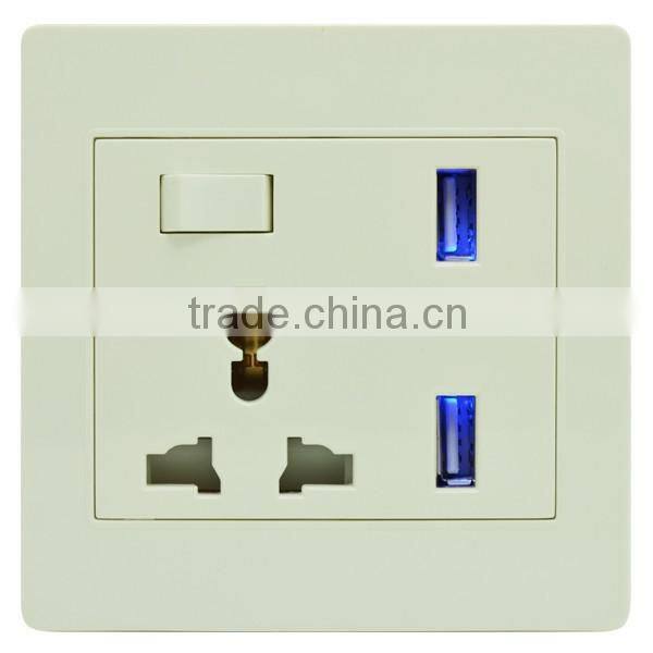 UK standard PC material 13a 1gang switched socket with double USB socket