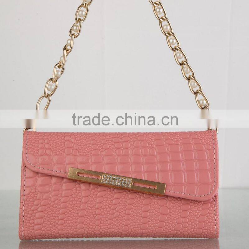 2015 latest design pearl chain tote bag design leather cell phone case for iphone 6