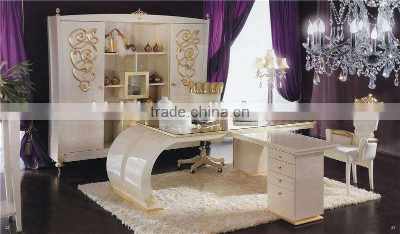 Impressive Louis XVI Style White Color Executive Office Furniture Set, Study Room Executive Table Bookcase and Chair Set