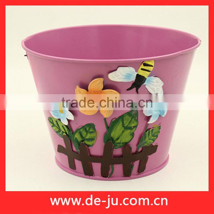 Green Printing With Flowers Round Small Metal Planter