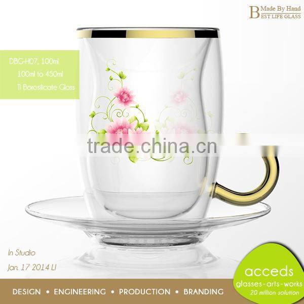 Decorative Sleeve Attched Doube Wall Glass Milk Cup In 2014