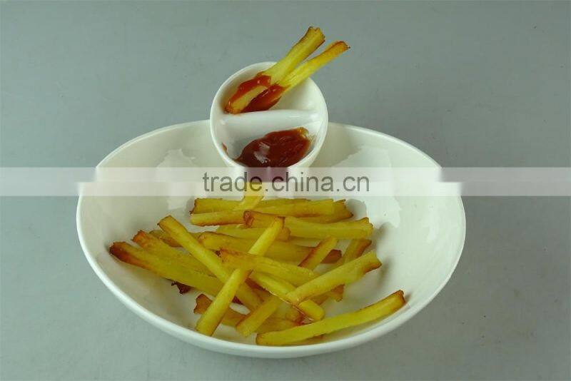 stocked white ceramic rectangle French fries serving plate with dipping dish and iron stand