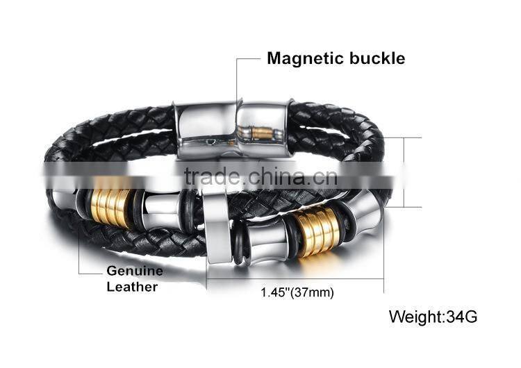 Silver Plated Stainless Steel Charms with Black Leather for Men Magnetic Bracelet
