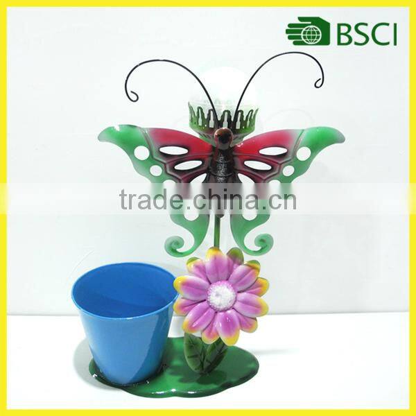 YS15086 metal craft butterfly with solar power flower pot for garden decoration