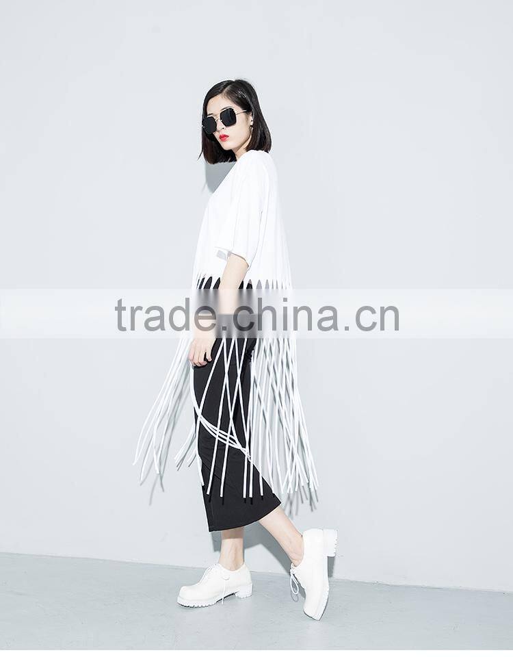 Guangzhou clothing OEM o neck half sleeves black long tassels tshirt