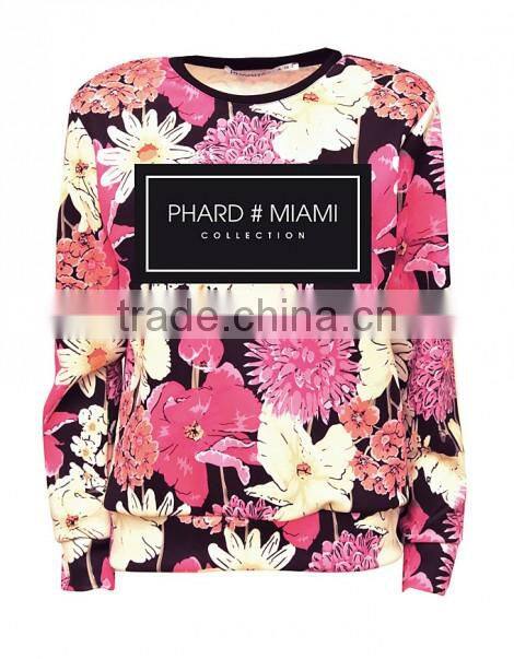 2015 New Fashion Round Neck Floral printed Long Sleeve Polo Womens T-shirt Wholesale