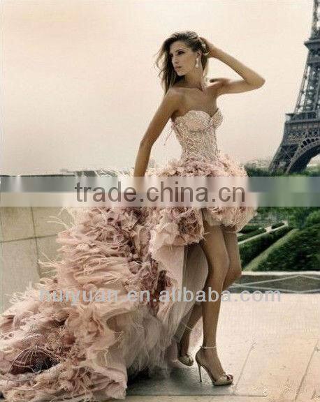 2014 newest deep v neck short front long back prom dress