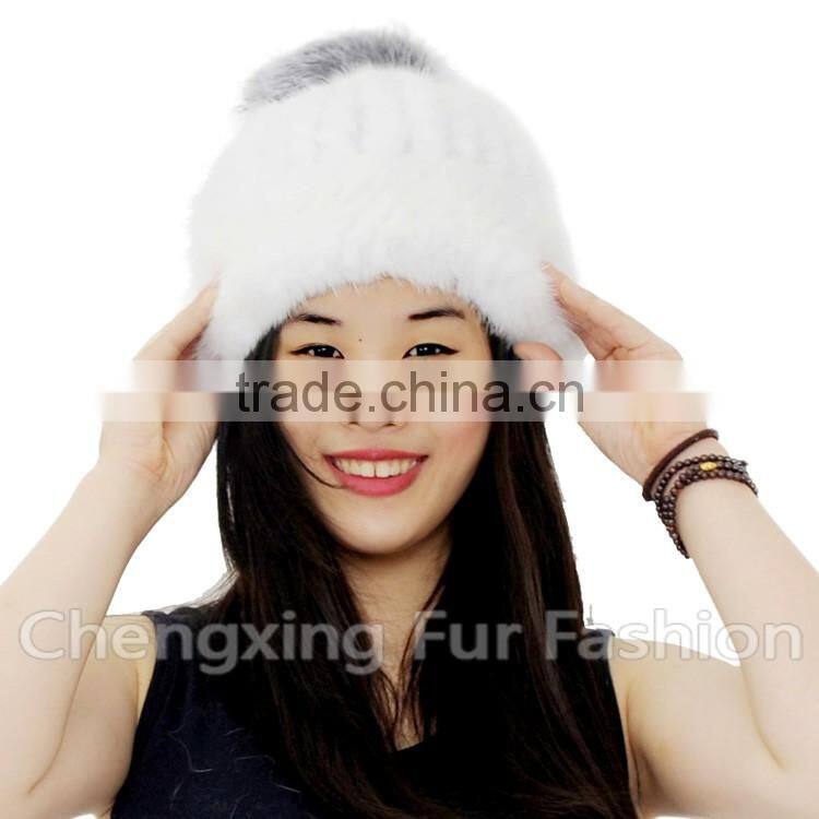 CX-C-239K Cute Style Mixed Color Knitted Cross Grain Real Mink Fur Warm Hats With Fox Fur Pom Pom