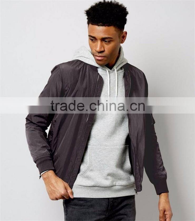 MGOO Pocket Sleeve High Shine Bomber Jacket Dark Grey 100%Polyester Thin Zip Up Autumn Coat