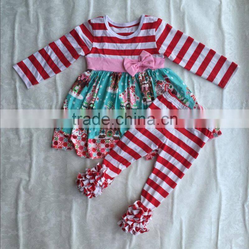high quality baby boutique outfit girls christmas pattern outfit red and white stripe icing pants outfit
